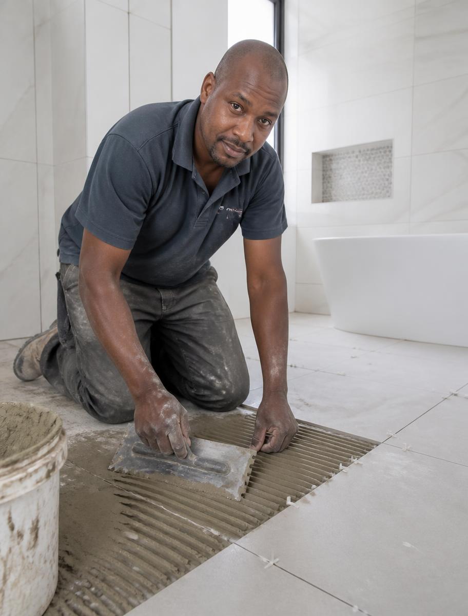 Tiling tradesman at work